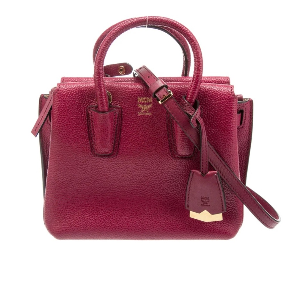 MCM Burgundy Grained Calfskin Mini Milla Tote Handbag